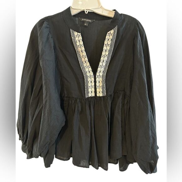 Banana Republic Black Boho Embroidered Long Balloon Sleeve 100% Cotton Blouse S - Picture 1 of 9